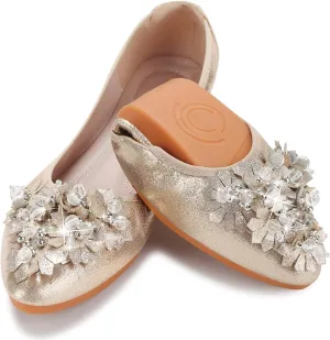 KUNWFNIX Women Ballet Flats Rhinestone Wedding Ballerina Shoes Foldable Sparkly Comfort Slip on Flat Shoes