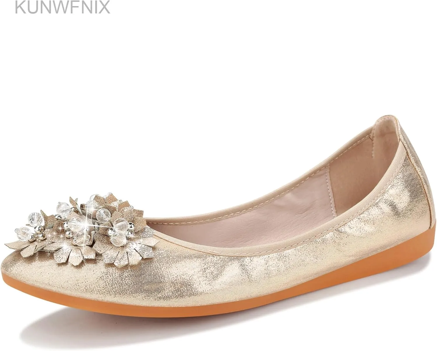 KUNWFNIX Women Ballet Flats Rhinestone Wedding Ballerina Shoes Foldable Sparkly Comfort Slip on Flat Shoes