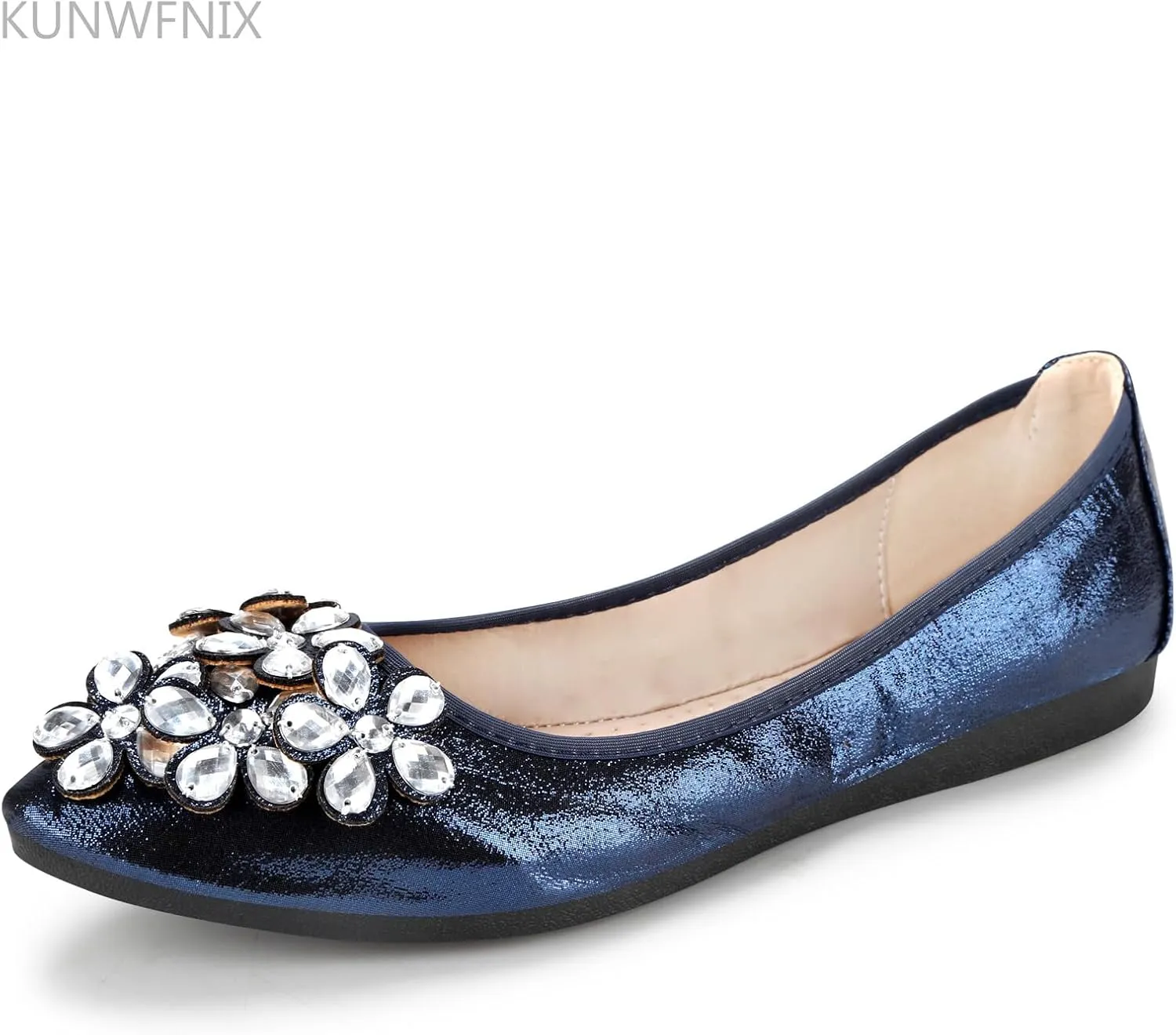 KUNWFNIX Women Ballet Flats Rhinestone Wedding Ballerina Shoes Foldable Sparkly Comfort Slip on Flat Shoes