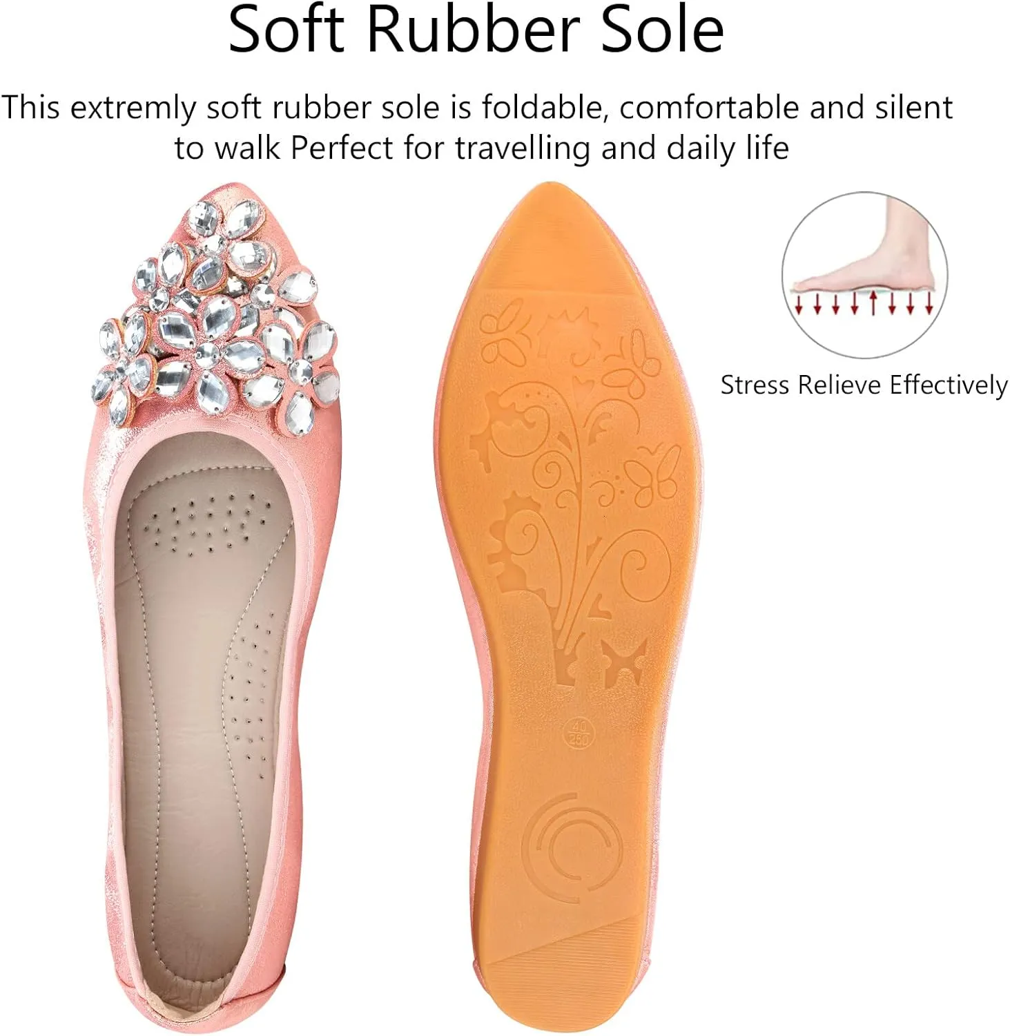 KUNWFNIX Women Ballet Flats Rhinestone Wedding Ballerina Shoes Foldable Sparkly Comfort Slip on Flat Shoes