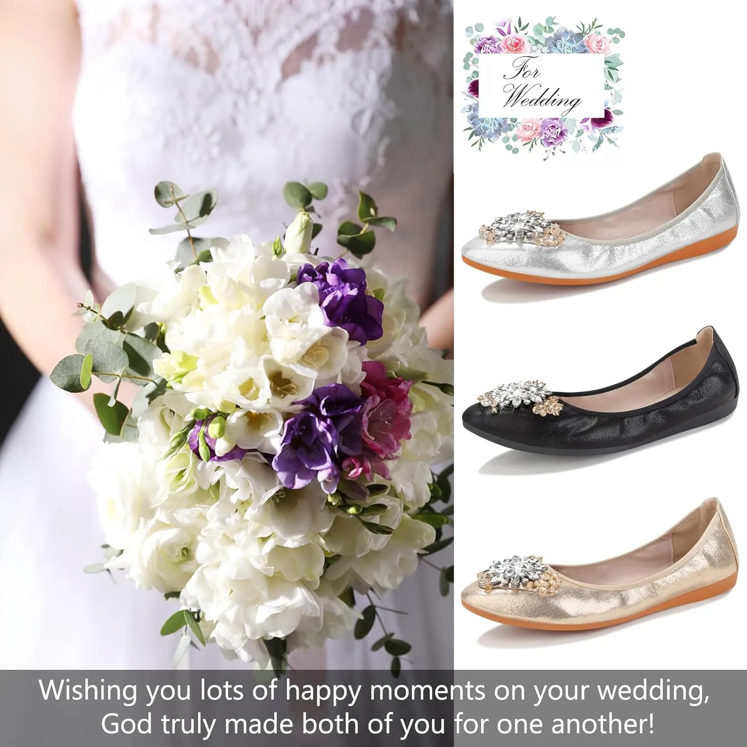 KUNWFNIX Women Ballet Flats Rhinestone Wedding Ballerina Shoes Foldable Sparkly Comfort Slip on Flat Shoes