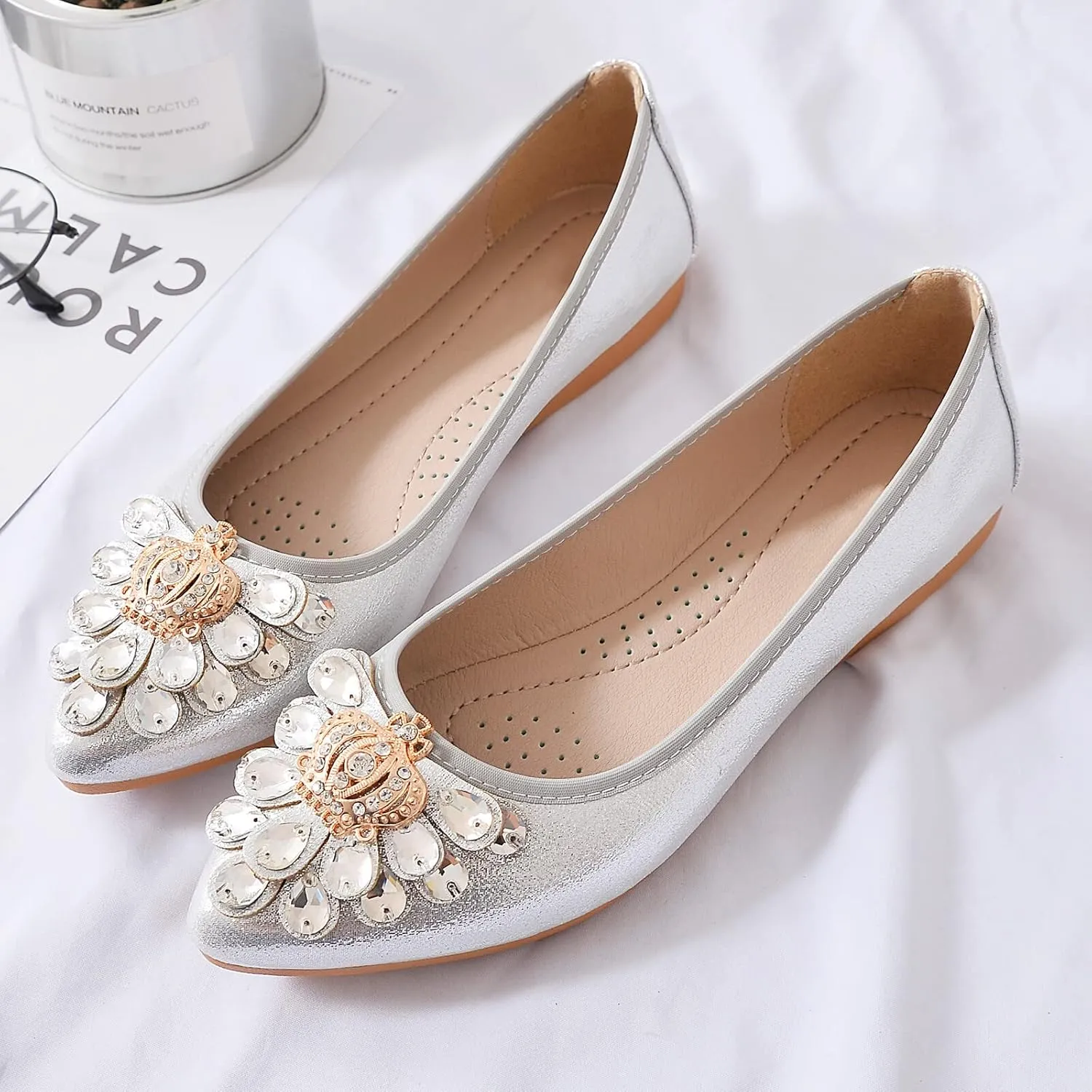 KUNWFNIX Women's Ballet Flats Foldable Classic Crown Rhinestone Slip On Flowers PU Leather Pointed Toe Comfort Flat Casual Dress Shoes