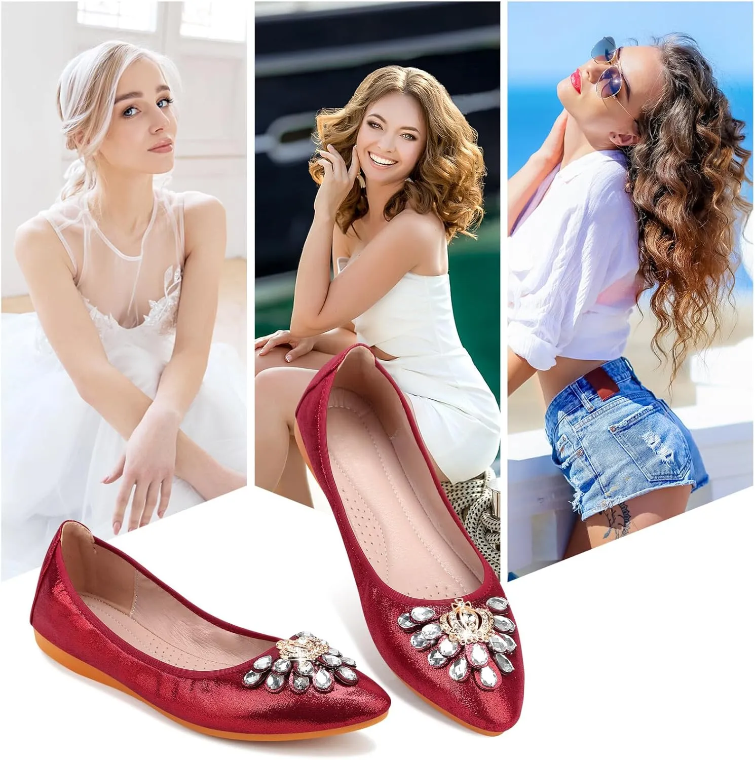KUNWFNIX Women's Ballet Flats Foldable Classic Crown Rhinestone Slip On Flowers PU Leather Pointed Toe Comfort Flat Casual Dress Shoes