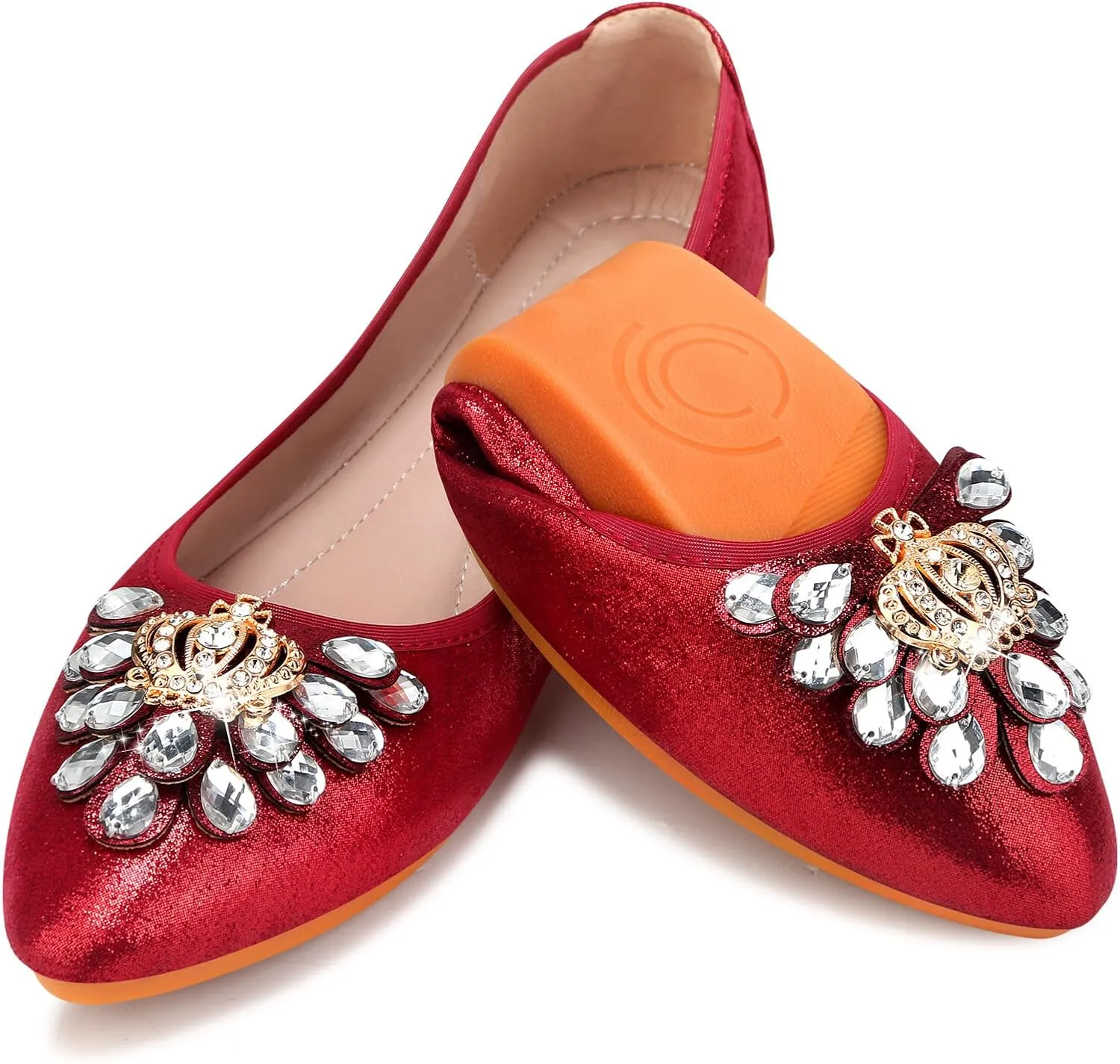 KUNWFNIX Women's Ballet Flats Foldable Classic Crown Rhinestone Slip On Flowers PU Leather Pointed Toe Comfort Flat Casual Dress Shoes