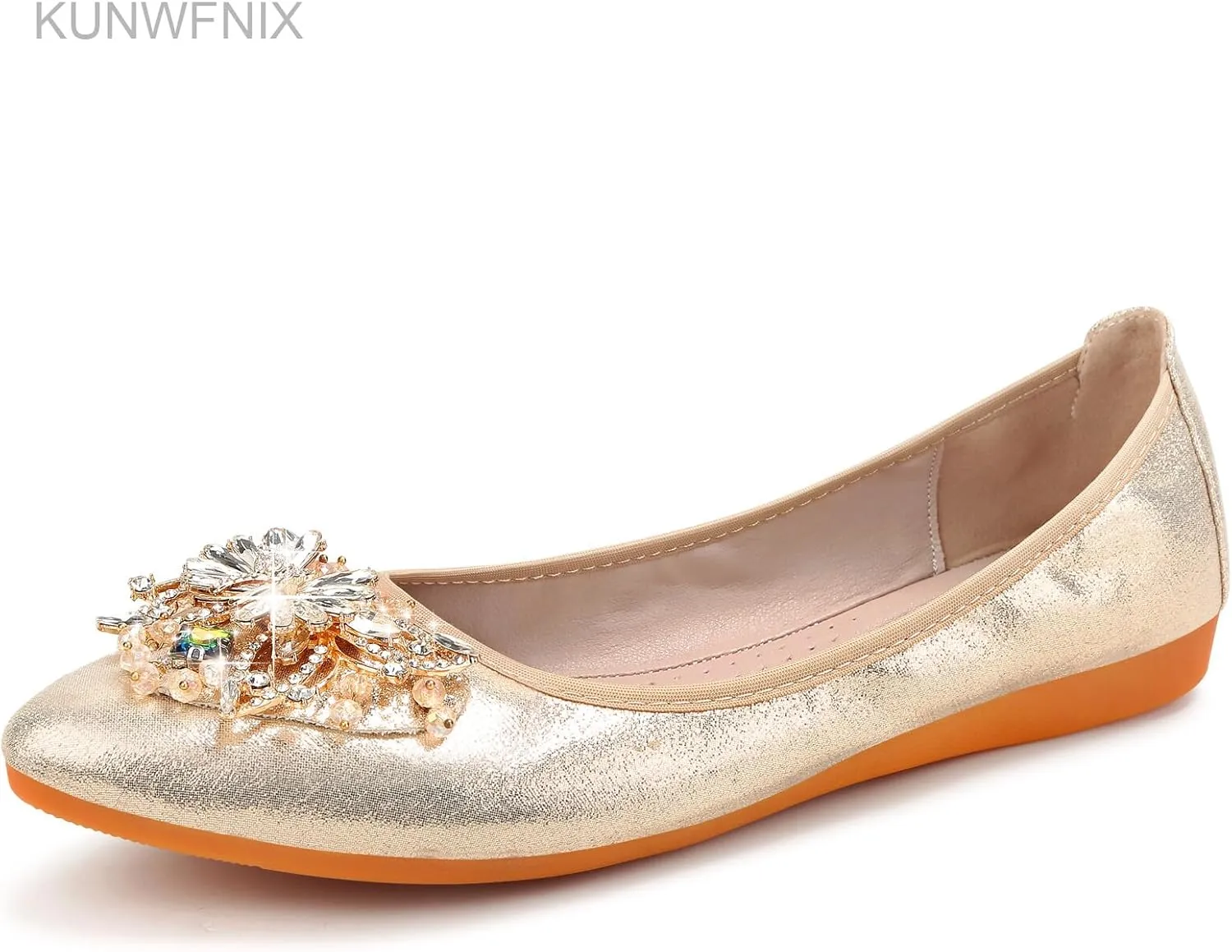 KUNWFNIX Women's Ballet Flats Foldable Classic Crown Rhinestone Slip On Flowers PU Leather Pointed Toe Comfort Flat Casual Dress Shoes