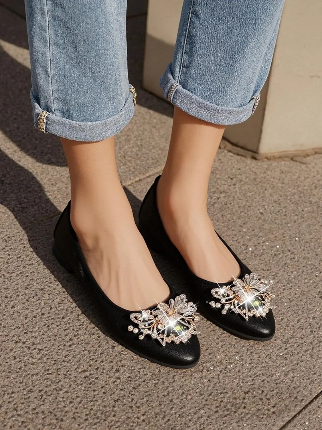 KUNWFNIX Women's Ballet Flats Foldable Classic Crown Rhinestone Slip On Flowers PU Leather Pointed Toe Comfort Flat Casual Dress Shoes