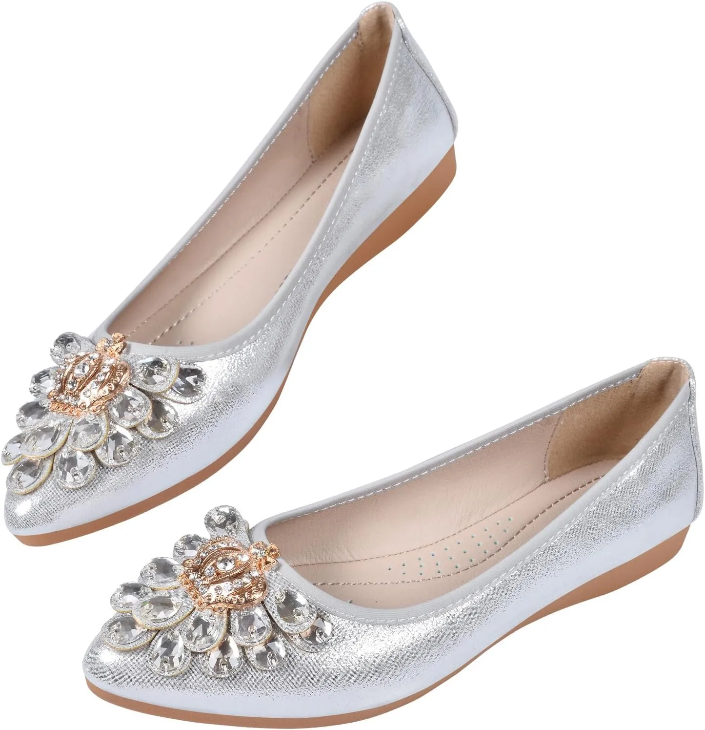 KUNWFNIX Women's Ballet Flats Foldable Classic Crown Rhinestone Slip On Flowers PU Leather Pointed Toe Comfort Flat Casual Dress Shoes