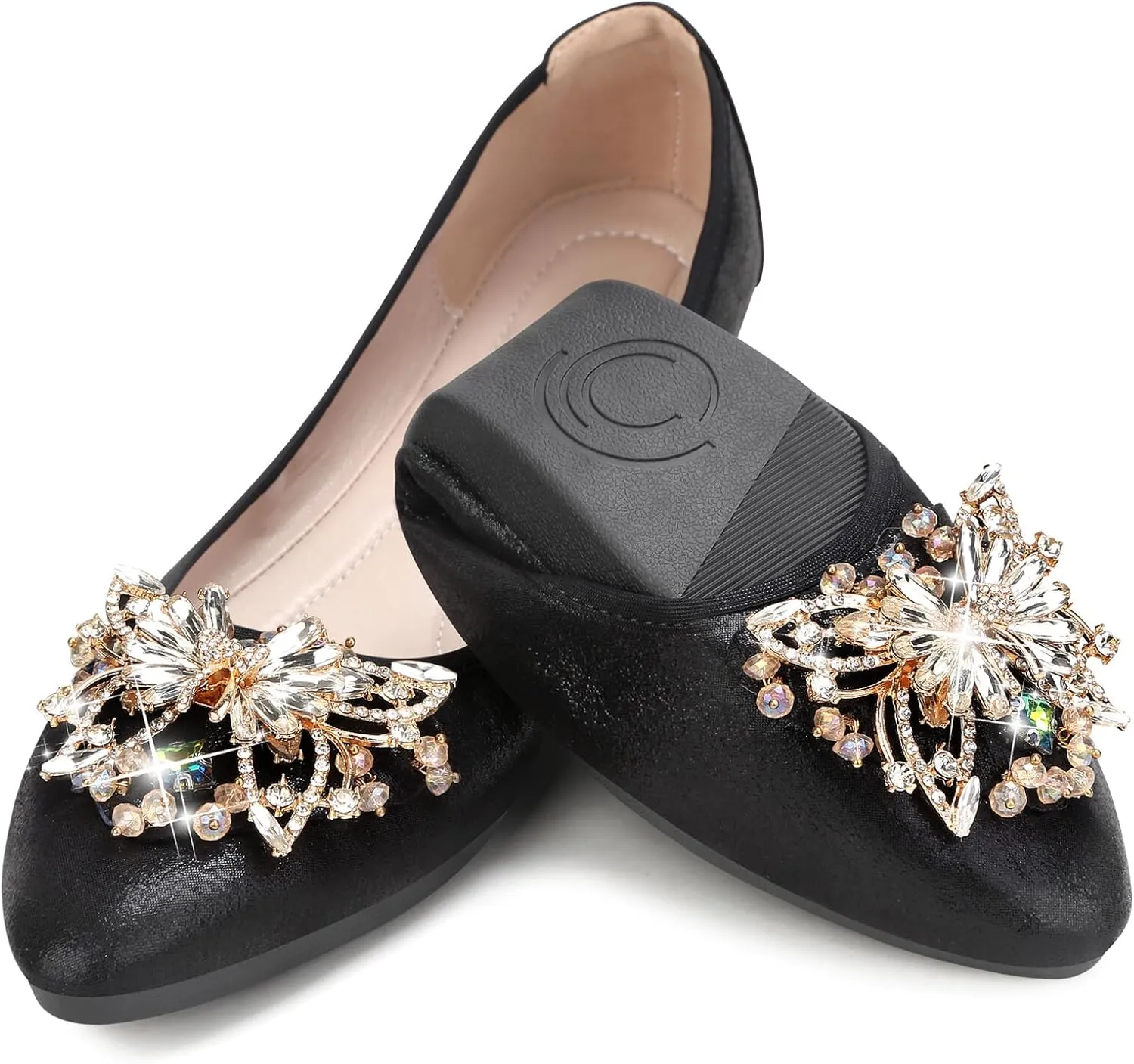 KUNWFNIX Women's Ballet Flats Foldable Classic Crown Rhinestone Slip On Flowers PU Leather Pointed Toe Comfort Flat Casual Dress Shoes