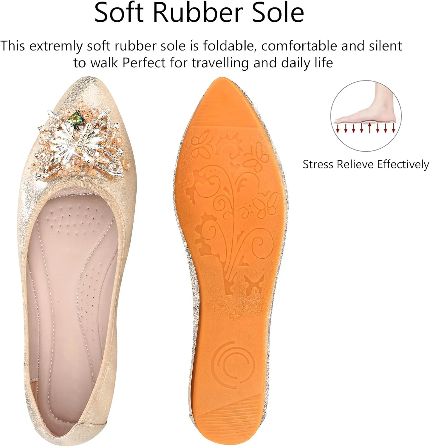 KUNWFNIX Women's Ballet Flats Foldable Classic Crown Rhinestone Slip On Flowers PU Leather Pointed Toe Comfort Flat Casual Dress Shoes