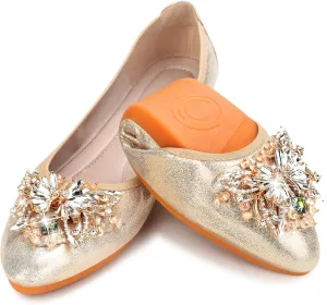 KUNWFNIX Women's Ballet Flats Foldable Classic Crown Rhinestone Slip On Flowers PU Leather Pointed Toe Comfort Flat Casual Dress Shoes