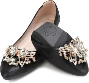 KUNWFNIX Women's Ballet Flats Foldable Classic Crown Rhinestone Slip On Flowers PU Leather Pointed Toe Comfort Flat Casual Dress Shoes