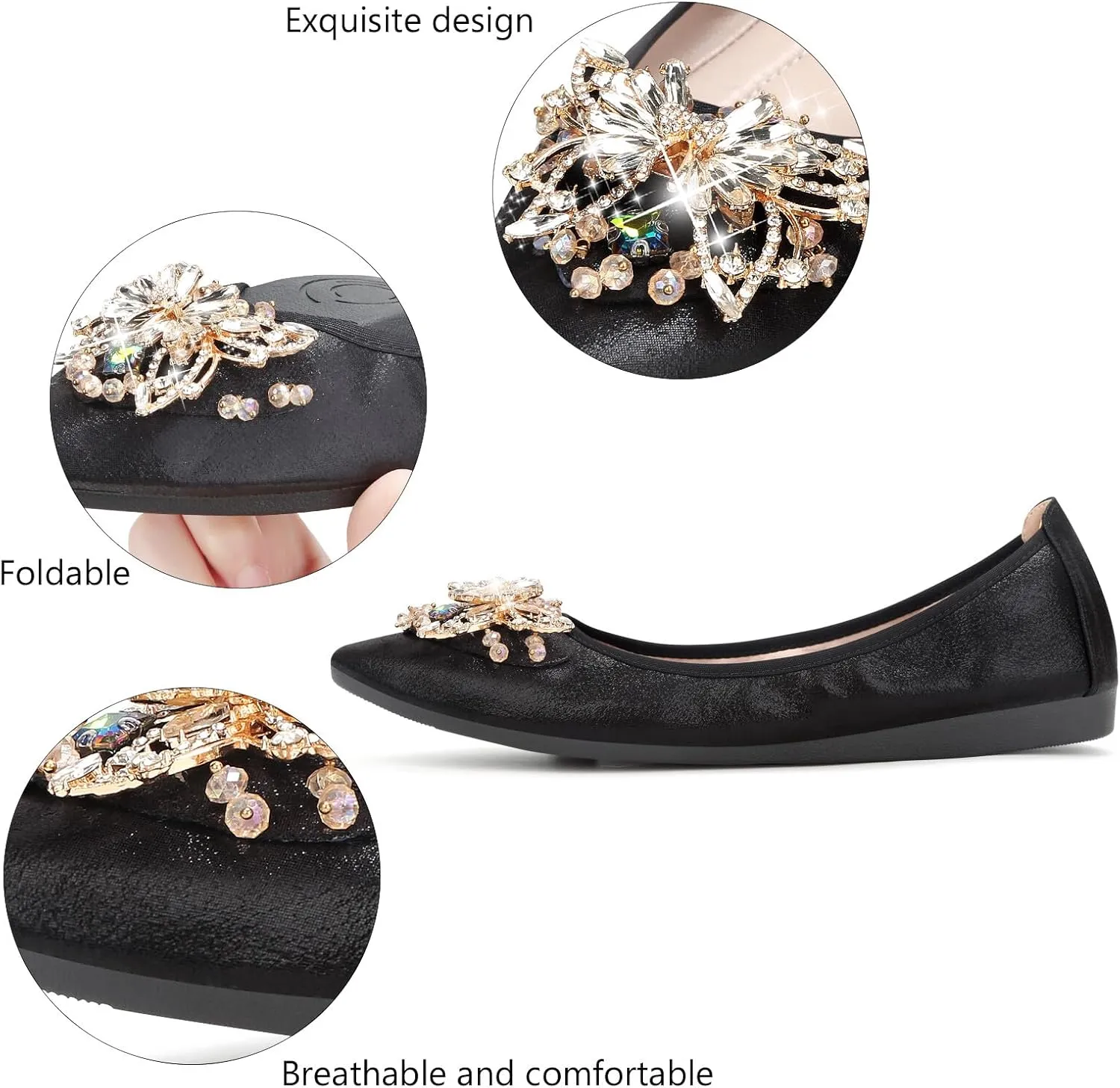 KUNWFNIX Women's Ballet Flats Foldable Classic Crown Rhinestone Slip On Flowers PU Leather Pointed Toe Comfort Flat Casual Dress Shoes