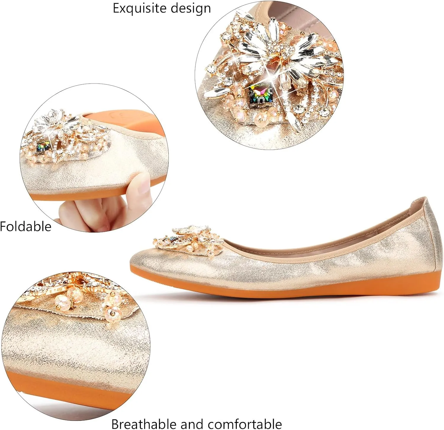 KUNWFNIX Women's Ballet Flats Foldable Classic Crown Rhinestone Slip On Flowers PU Leather Pointed Toe Comfort Flat Casual Dress Shoes