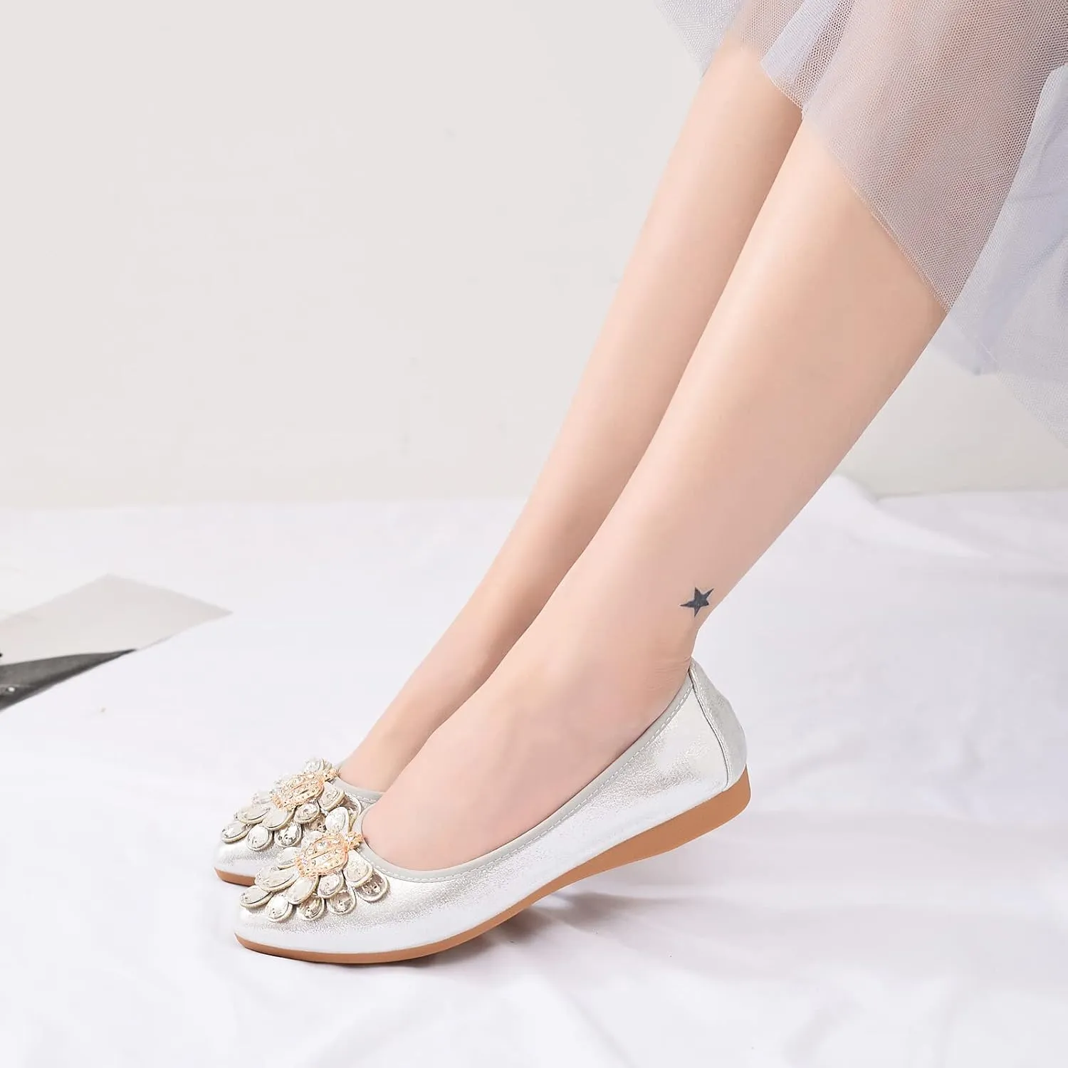 KUNWFNIX Women's Ballet Flats Foldable Classic Crown Rhinestone Slip On Flowers PU Leather Pointed Toe Comfort Flat Casual Dress Shoes
