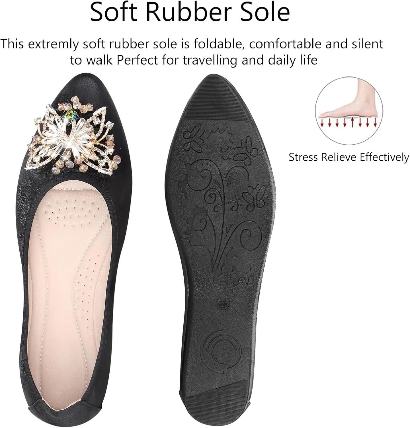 KUNWFNIX Women's Ballet Flats Foldable Classic Crown Rhinestone Slip On Flowers PU Leather Pointed Toe Comfort Flat Casual Dress Shoes