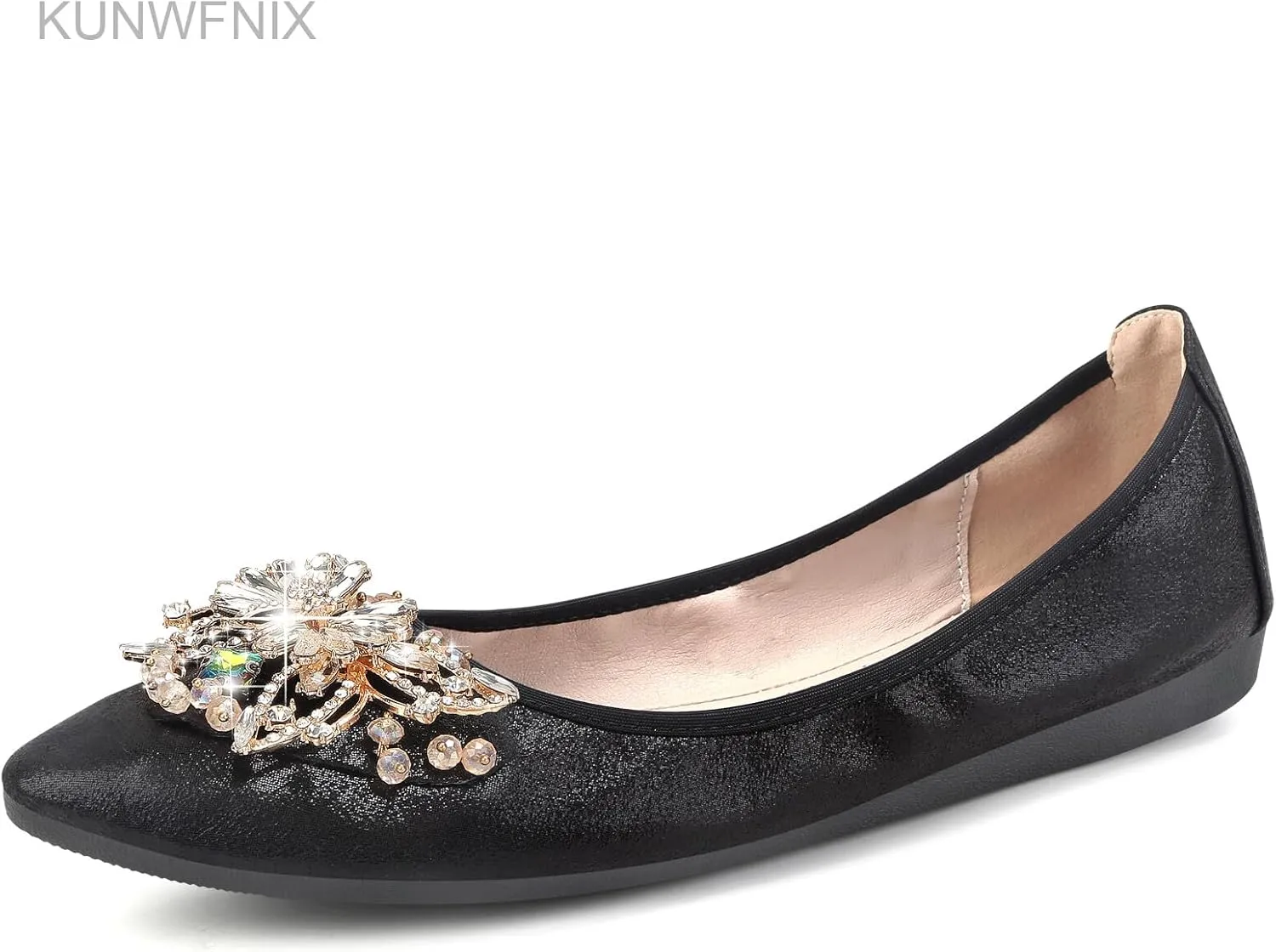 KUNWFNIX Women's Ballet Flats Foldable Classic Crown Rhinestone Slip On Flowers PU Leather Pointed Toe Comfort Flat Casual Dress Shoes