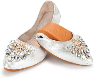 KUNWFNIX Women's Ballet Flats Foldable Classic Crown Rhinestone Slip On Flowers PU Leather Pointed Toe Comfort Flat Casual Dress Shoes