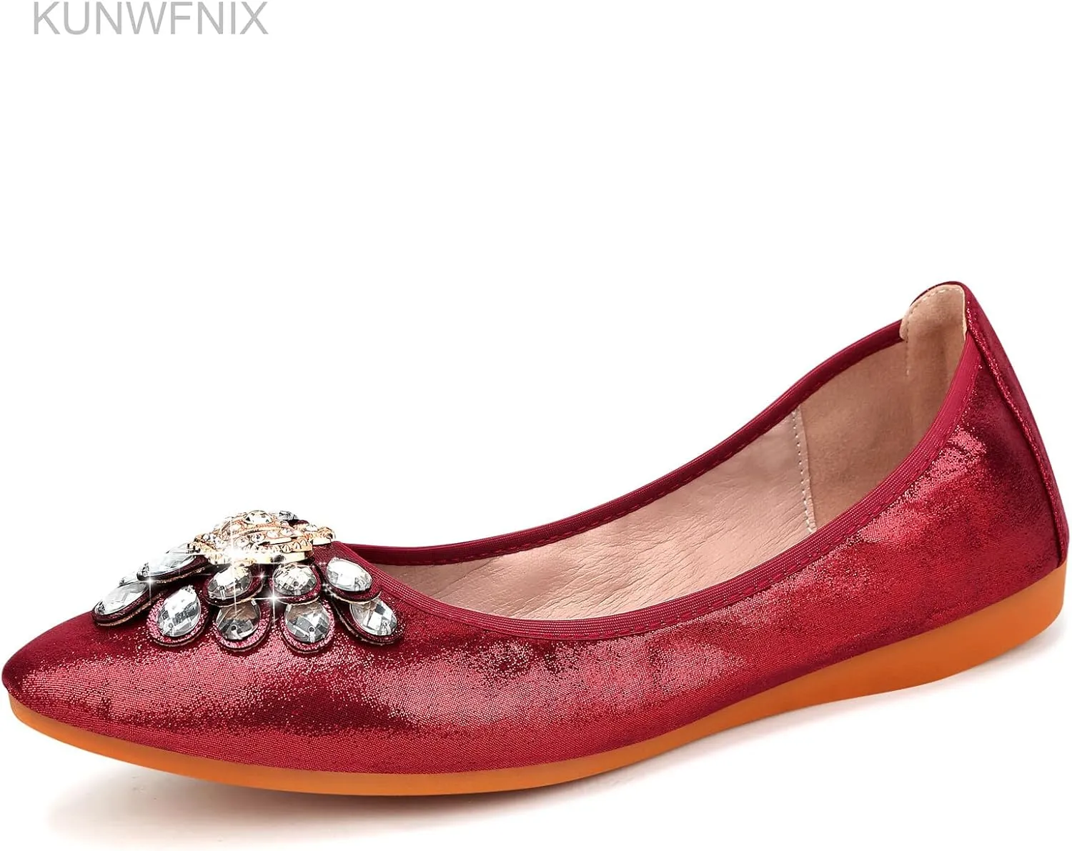 KUNWFNIX Women's Ballet Flats Foldable Classic Crown Rhinestone Slip On Flowers PU Leather Pointed Toe Comfort Flat Casual Dress Shoes