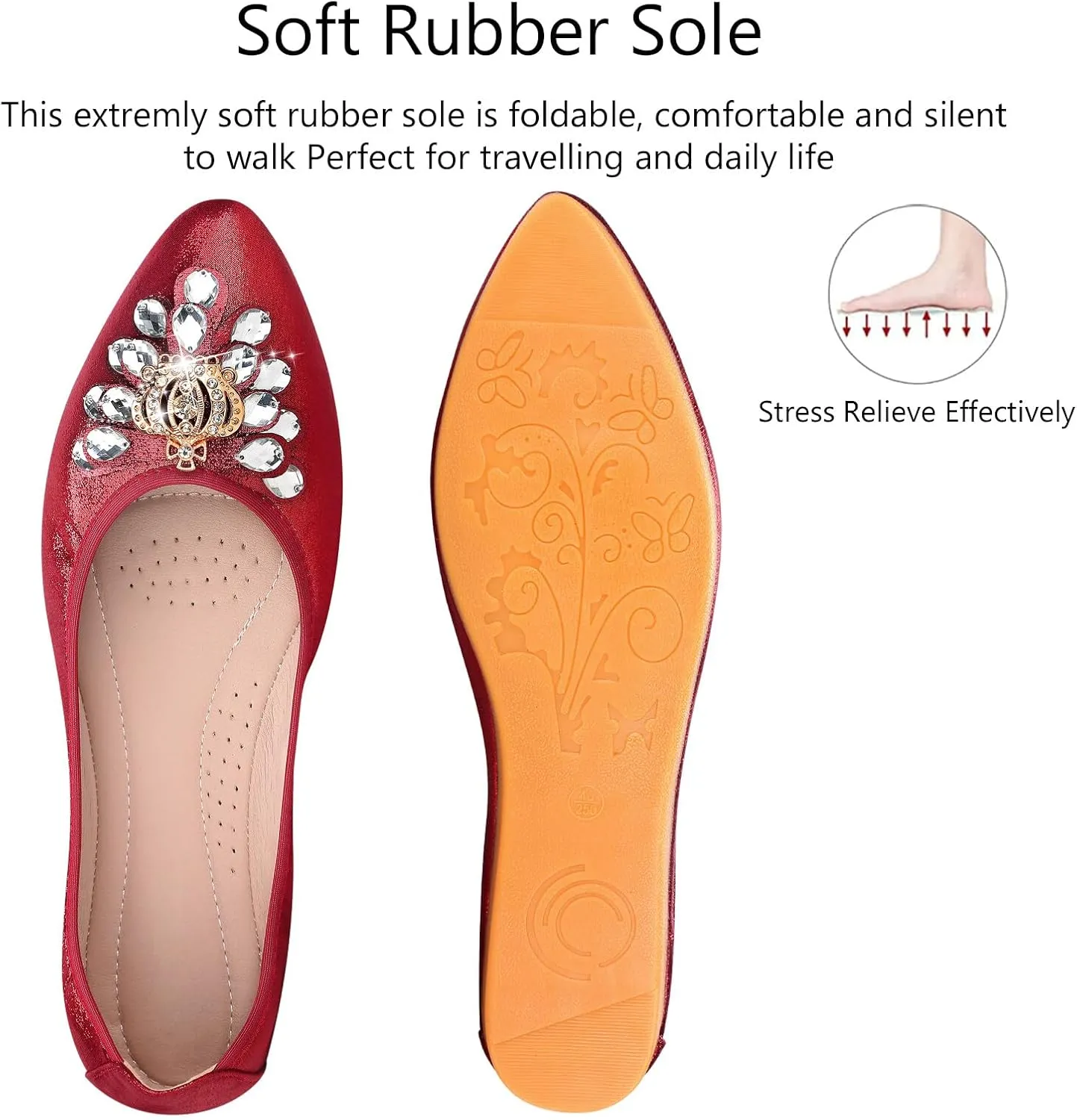 KUNWFNIX Women's Ballet Flats Foldable Classic Crown Rhinestone Slip On Flowers PU Leather Pointed Toe Comfort Flat Casual Dress Shoes