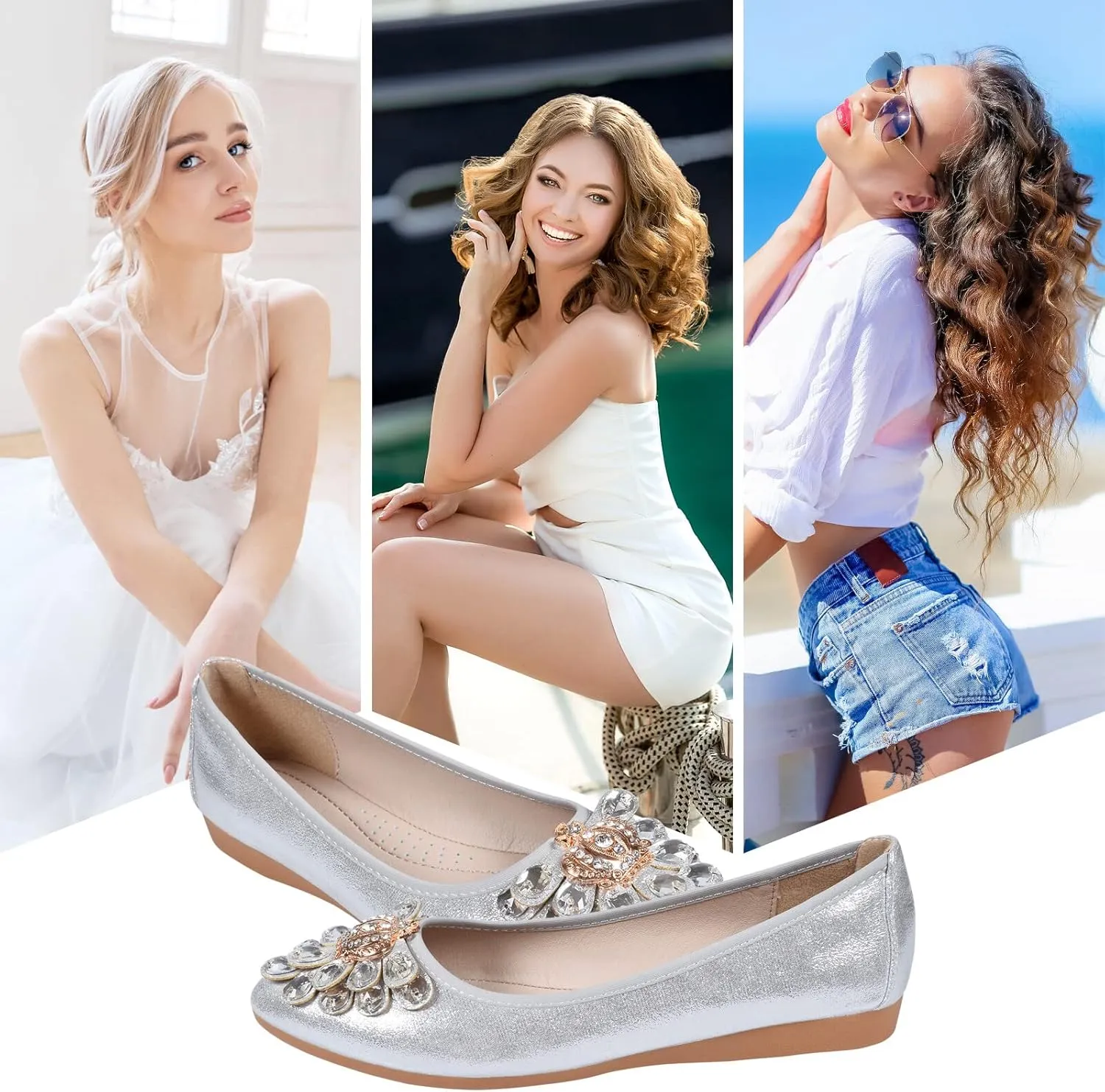 KUNWFNIX Women's Ballet Flats Foldable Classic Crown Rhinestone Slip On Flowers PU Leather Pointed Toe Comfort Flat Casual Dress Shoes