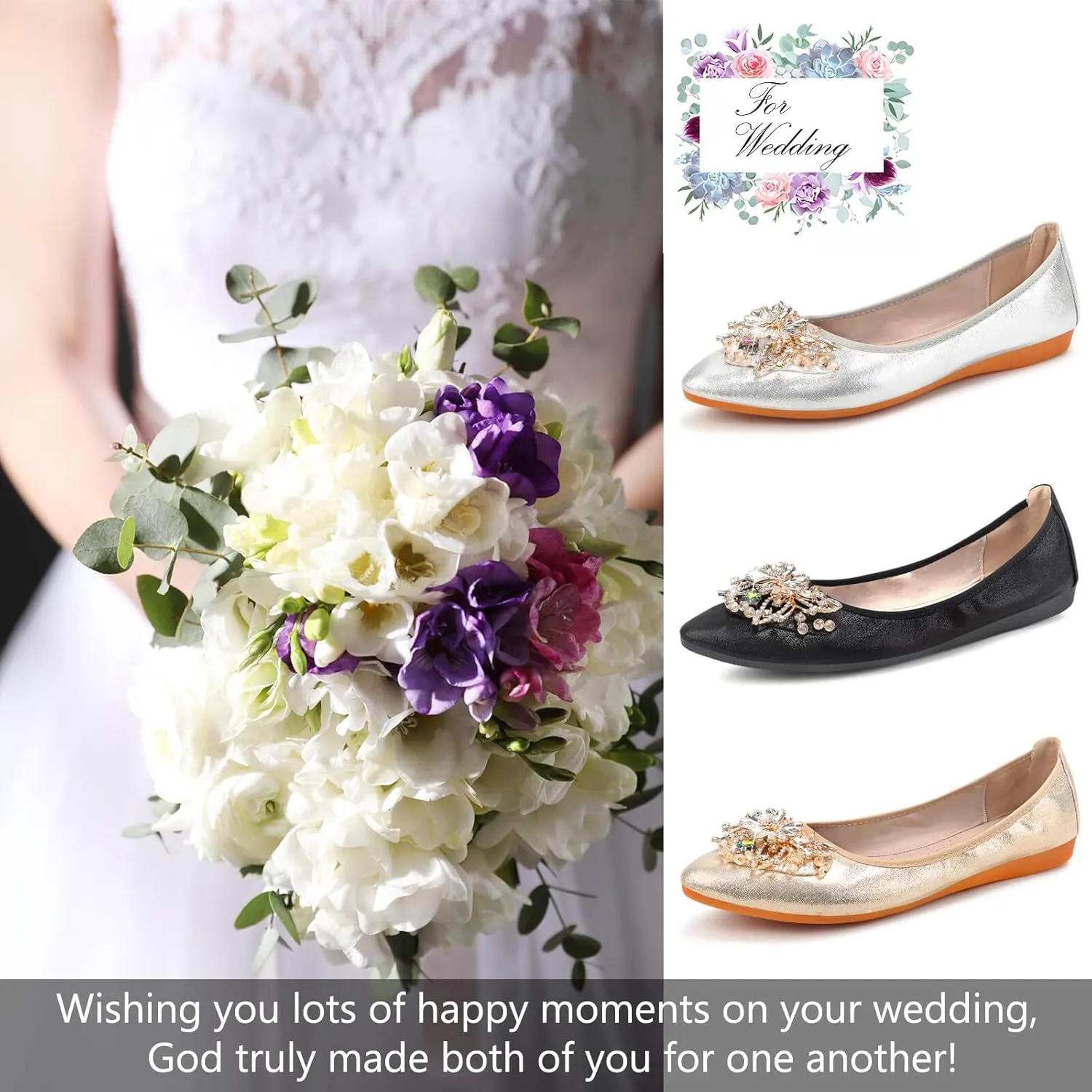 KUNWFNIX Women's Ballet Flats Foldable Classic Crown Rhinestone Slip On Flowers PU Leather Pointed Toe Comfort Flat Casual Dress Shoes