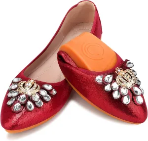 KUNWFNIX Women's Ballet Flats Foldable Classic Crown Rhinestone Slip On Flowers PU Leather Pointed Toe Comfort Flat Casual Dress Shoes