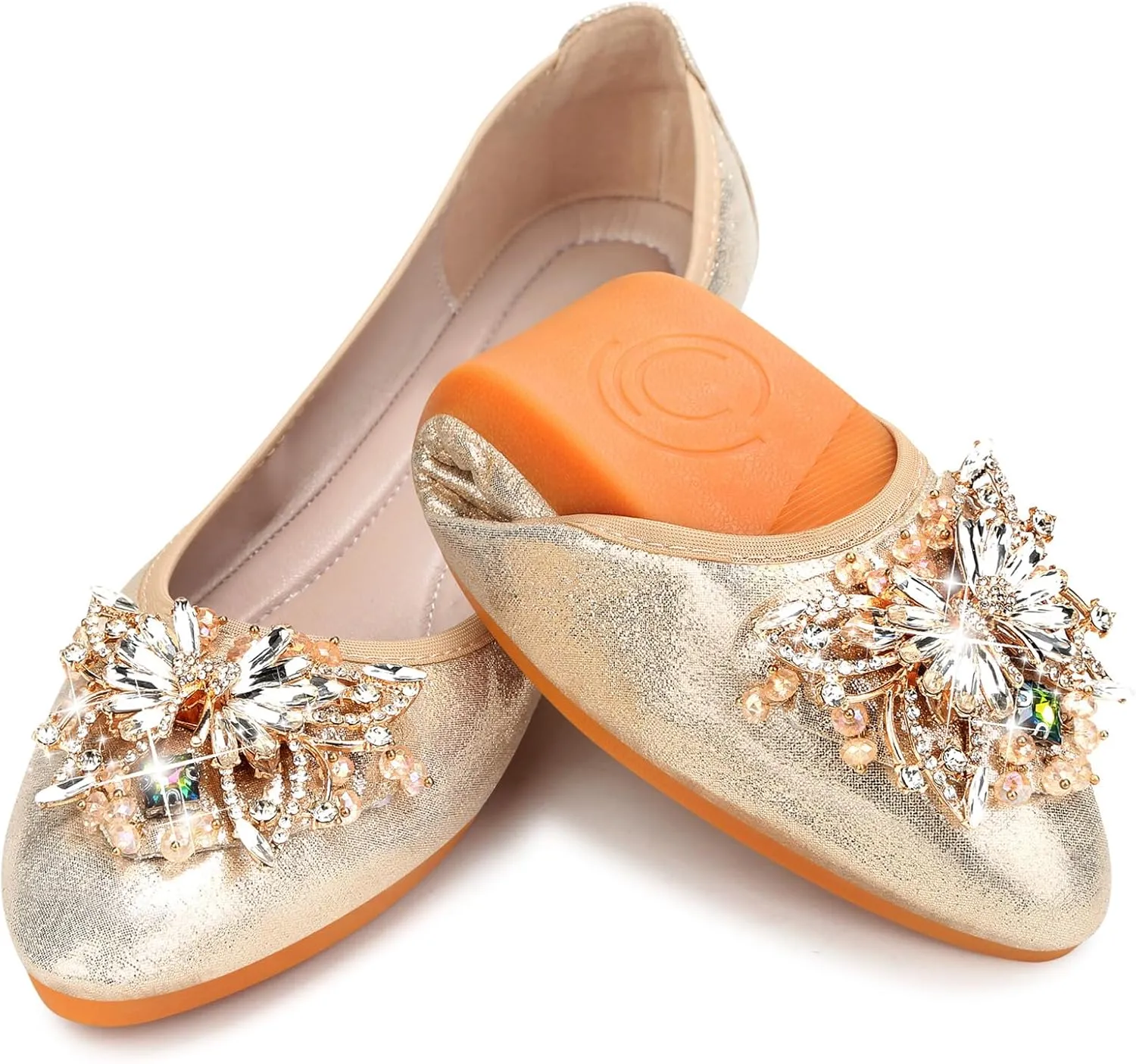 KUNWFNIX Women's Ballet Flats Foldable Classic Crown Rhinestone Slip On Flowers PU Leather Pointed Toe Comfort Flat Casual Dress Shoes