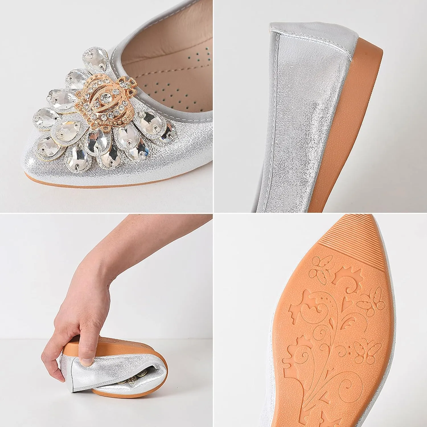 KUNWFNIX Women's Ballet Flats Foldable Classic Crown Rhinestone Slip On Flowers PU Leather Pointed Toe Comfort Flat Casual Dress Shoes