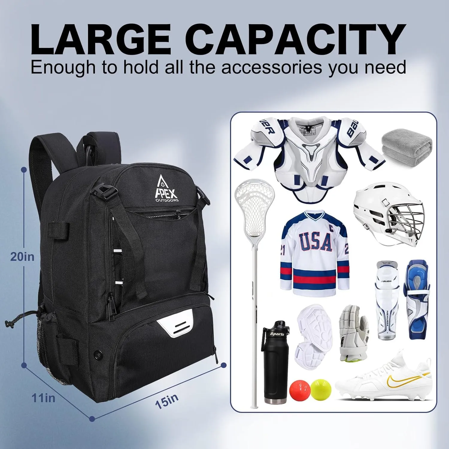 Lacrosse Bag, Field Hockey Bag with Two Stick Holders, Large Lacrosse Backpack with Separate Cleats Shoe Compartment