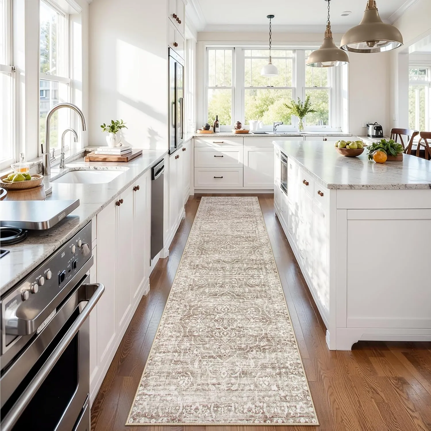 Lahome Runners for Hallways 2.5x10, Floral Washable Kitchen Runner Rugs Ultra-Thin Non Slip, Neutral Boho Print Long Farmhouse Indoor Carpet Runner for Entryway Stair (Taupe, 2'5''x10')