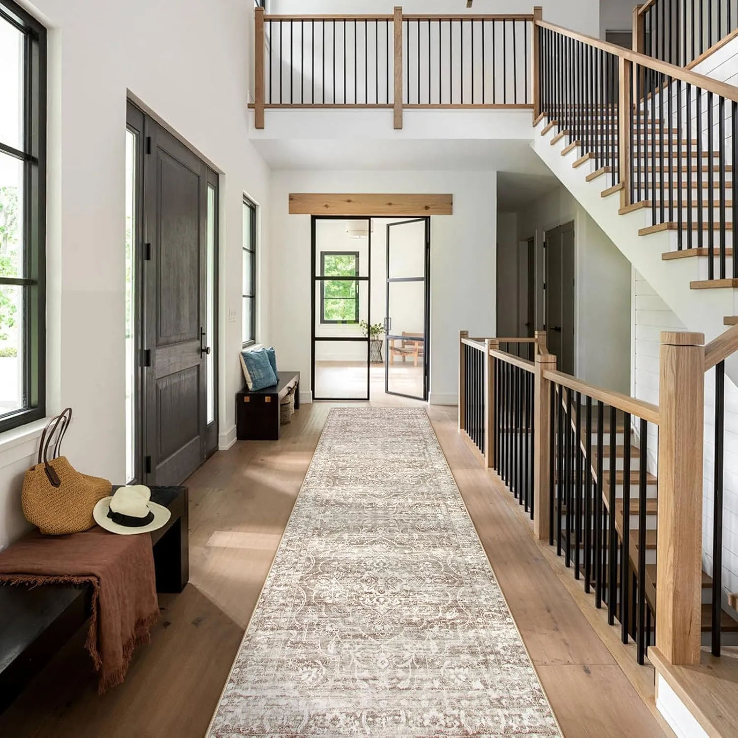 Lahome Runners for Hallways 2.5x10, Floral Washable Kitchen Runner Rugs Ultra-Thin Non Slip, Neutral Boho Print Long Farmhouse Indoor Carpet Runner for Entryway Stair (Taupe, 2'5''x10')
