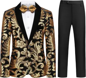 Lamgool Boys Tuxedo Suit Slim Fit Formal Set 2 Pieces with Floral Jacquard Sequin Blazer Black Pants for Kids Prom Wedding