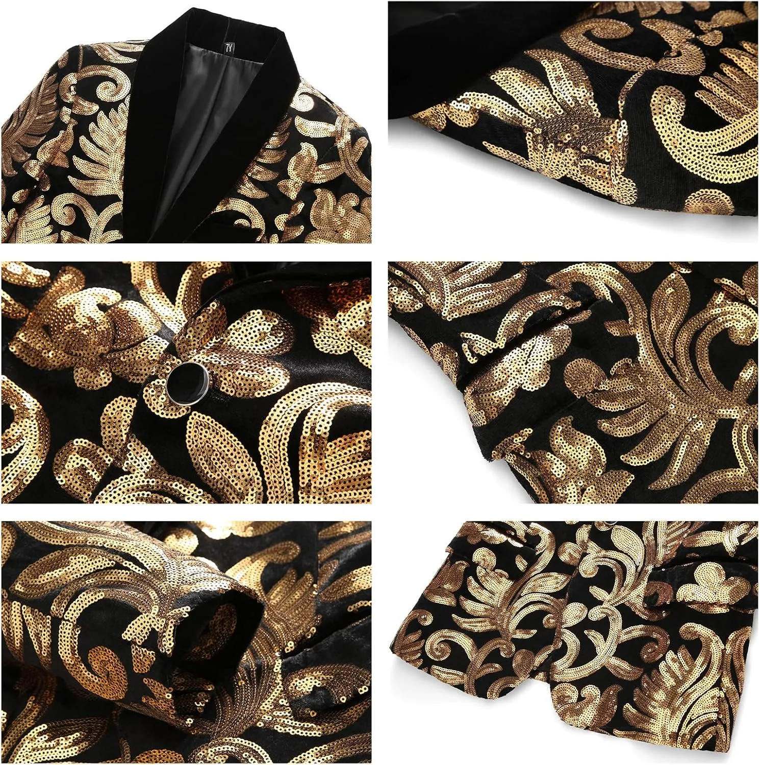 Lamgool Boys Tuxedo Suit Slim Fit Formal Set 2 Pieces with Floral Jacquard Sequin Blazer Black Pants for Kids Prom Wedding