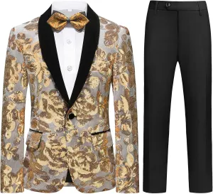 Lamgool Boys Tuxedo Suit Slim Fit Formal Set 2 Pieces with Floral Jacquard Sequin Blazer Black Pants for Kids Prom Wedding