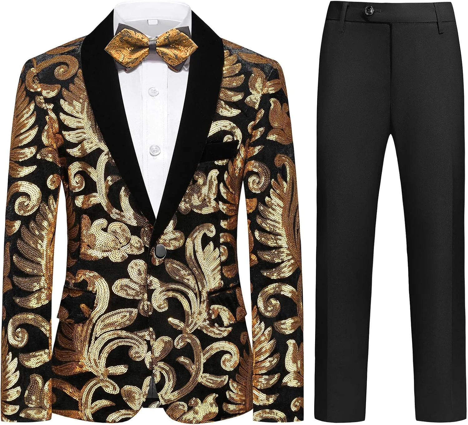 Lamgool Boys Tuxedo Suit Slim Fit Formal Set 2 Pieces with Floral Jacquard Sequin Blazer Black Pants for Kids Prom Wedding