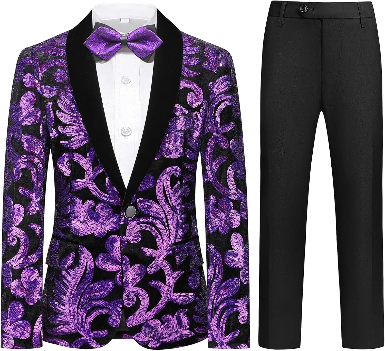 Lamgool Boys Tuxedo Suit Slim Fit Formal Set 2 Pieces with Floral Jacquard Sequin Blazer Black Pants for Kids Prom Wedding
