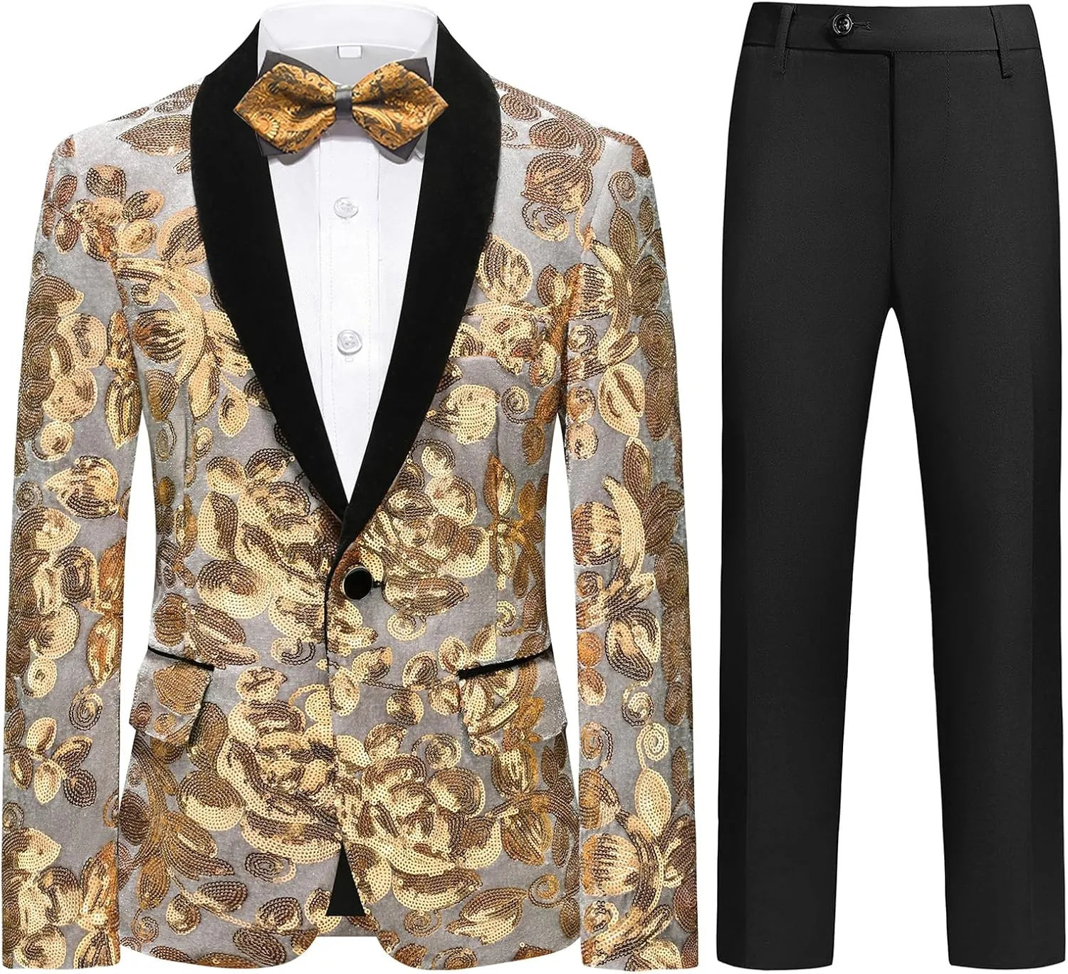 Lamgool Boys Tuxedo Suit Slim Fit Formal Set 2 Pieces with Floral Jacquard Sequin Blazer Black Pants for Kids Prom Wedding
