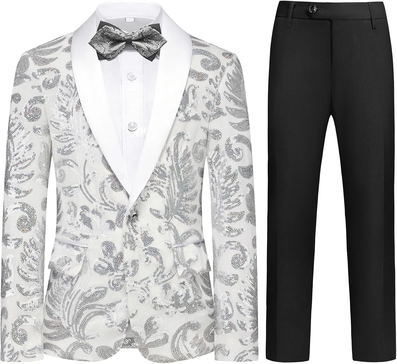Lamgool Boys Tuxedo Suit Slim Fit Formal Set 2 Pieces with Floral Jacquard Sequin Blazer Black Pants for Kids Prom Wedding