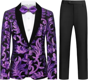 Lamgool Boys Tuxedo Suit Slim Fit Formal Set 2 Pieces with Floral Jacquard Sequin Blazer Black Pants for Kids Prom Wedding