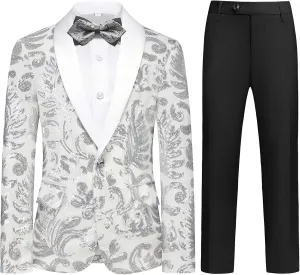 Lamgool Boys Tuxedo Suit Slim Fit Formal Set 2 Pieces with Floral Jacquard Sequin Blazer Black Pants for Kids Prom Wedding
