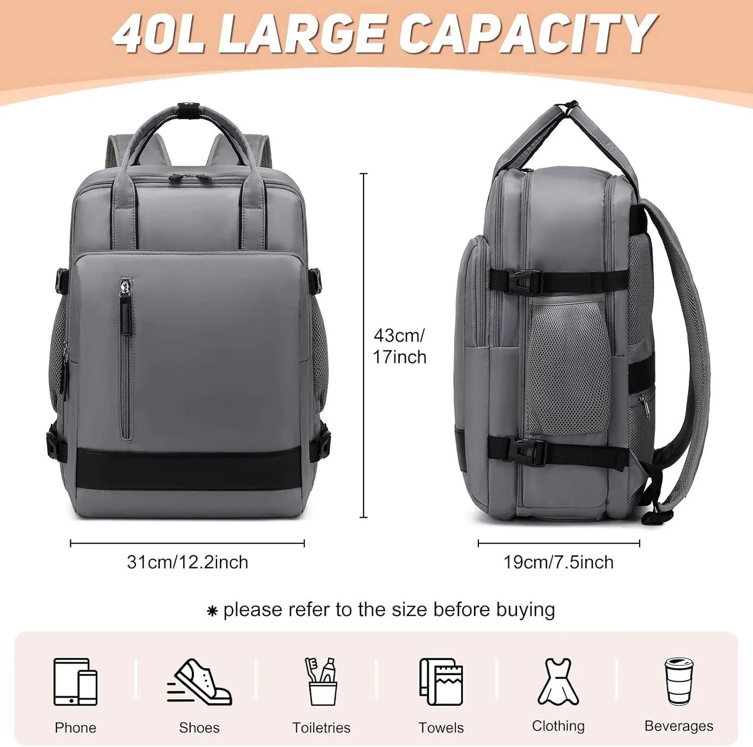 Large Travel Backpack for Women, 40L Carry On Backpack Airline Flight Approved with USB Charging Port Shoes Compartment, Personal Luggage Backpack Casual Daypack 15.6 Inch Laptop Backpack