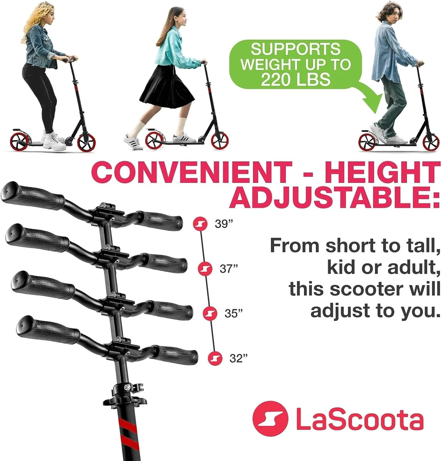 LaScoota Kick Scooter for Kids Ages 6 , Teens & Adults, Large 8" Sturdy Urethane Wheels. Adjustable Handlebar, Lightweight, Foldable, 220lbs Max Load