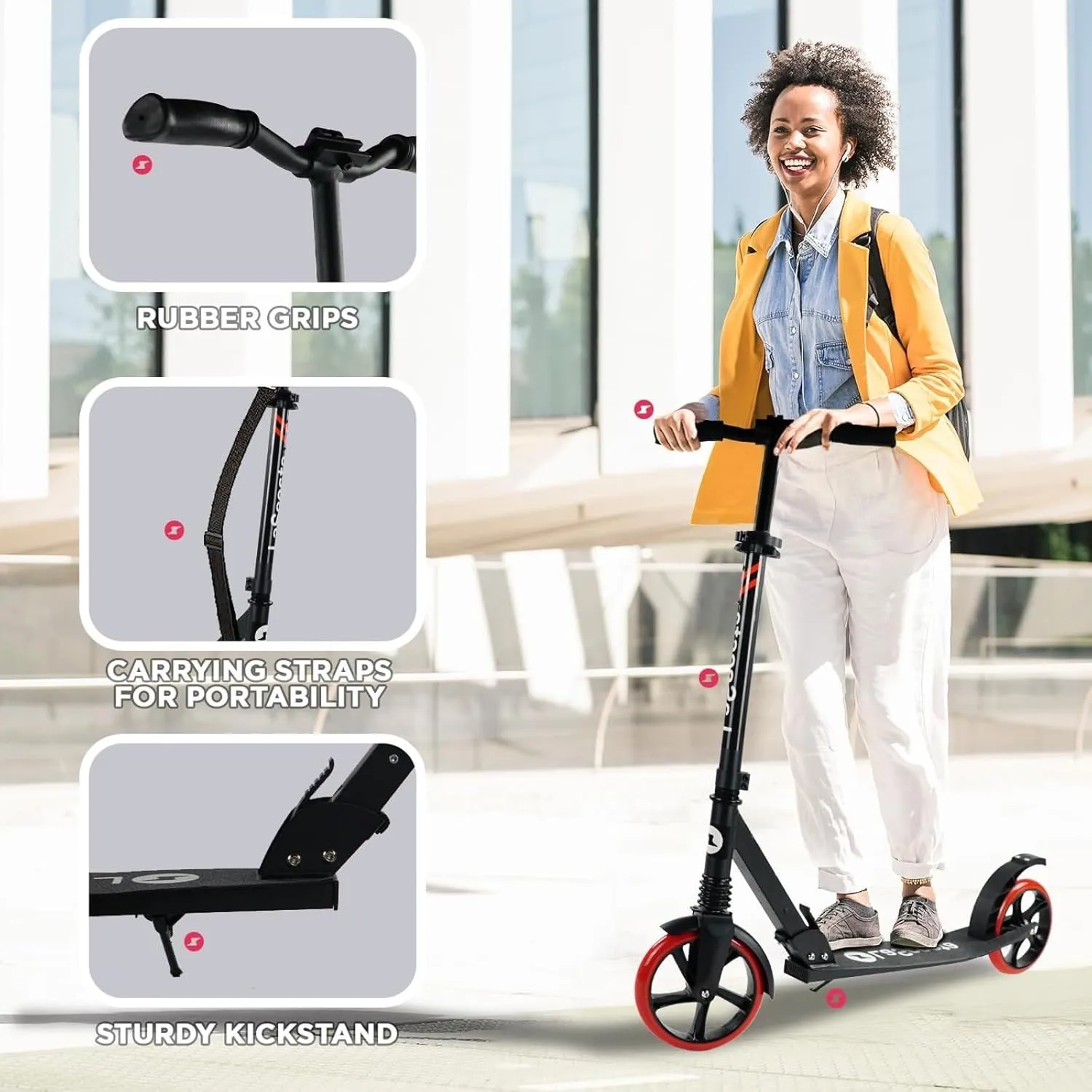 LaScoota Kick Scooter for Kids Ages 6 , Teens & Adults, Large 8" Sturdy Urethane Wheels. Adjustable Handlebar, Lightweight, Foldable, 220lbs Max Load
