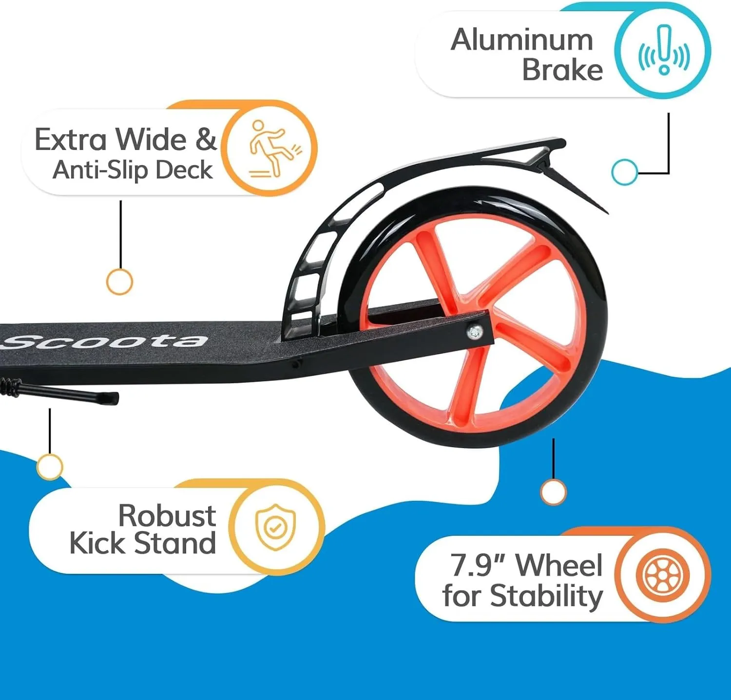 LaScoota Kick Scooter for Kids Ages 6 , Teens & Adults, Large 8" Sturdy Urethane Wheels. Adjustable Handlebar, Lightweight, Foldable, 220lbs Max Load
