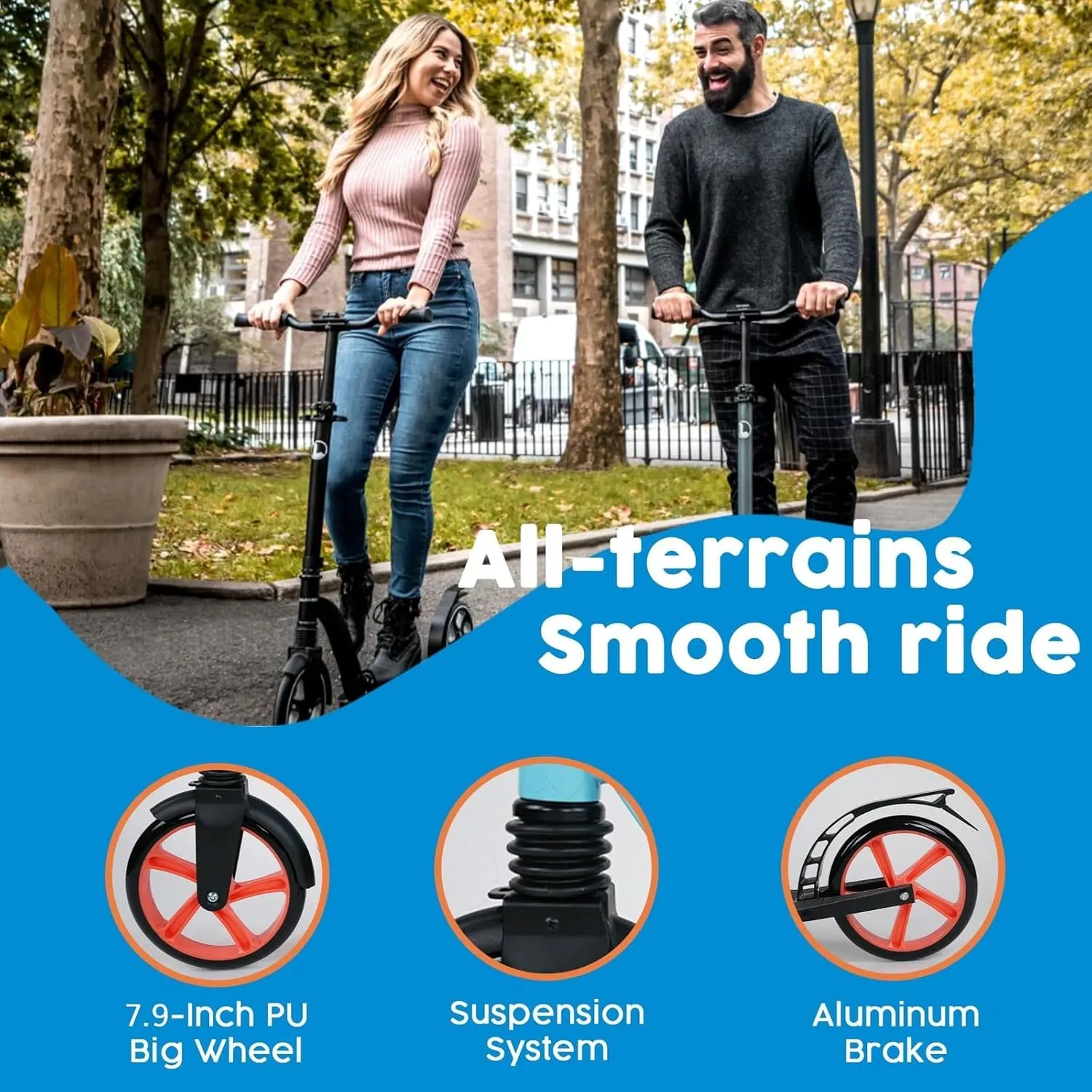 LaScoota Kick Scooter for Kids Ages 6 , Teens & Adults, Large 8" Sturdy Urethane Wheels. Adjustable Handlebar, Lightweight, Foldable, 220lbs Max Load