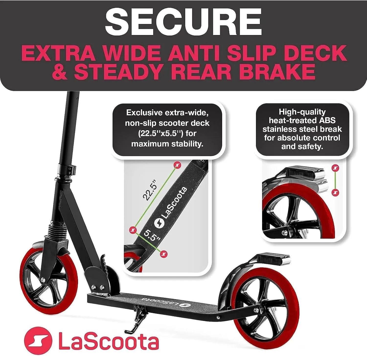 LaScoota Kick Scooter for Kids Ages 6 , Teens & Adults, Large 8" Sturdy Urethane Wheels. Adjustable Handlebar, Lightweight, Foldable, 220lbs Max Load