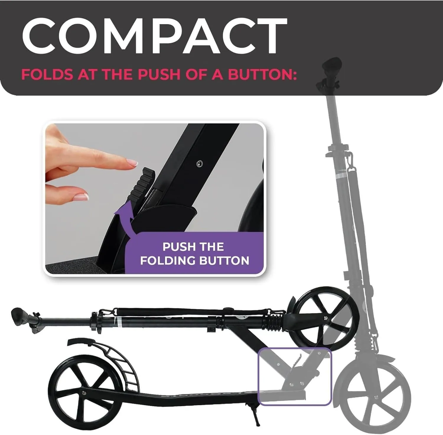 LaScoota Kick Scooter for Kids Ages 6 , Teens & Adults, Large 8" Sturdy Urethane Wheels. Adjustable Handlebar, Lightweight, Foldable, 220lbs Max Load