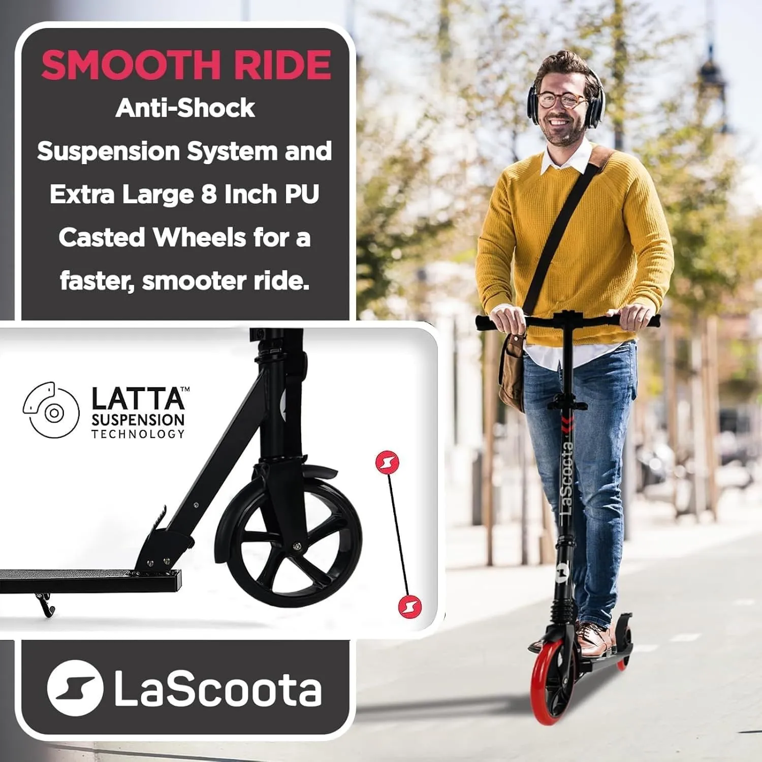LaScoota Kick Scooter for Kids Ages 6 , Teens & Adults, Large 8" Sturdy Urethane Wheels. Adjustable Handlebar, Lightweight, Foldable, 220lbs Max Load