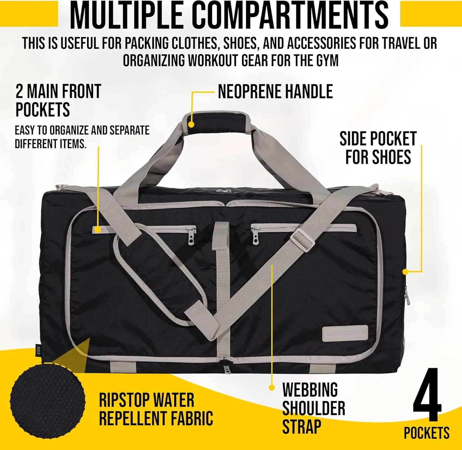 LEGEND 80L Foldable Duffle Bag for Travel - Packable Duffle Bags w/Shoe Compartment - Tear Resistant Collapsible Duffel Bags for Traveling - Lightweight Folding Duffel Bag for Men & Women -Black