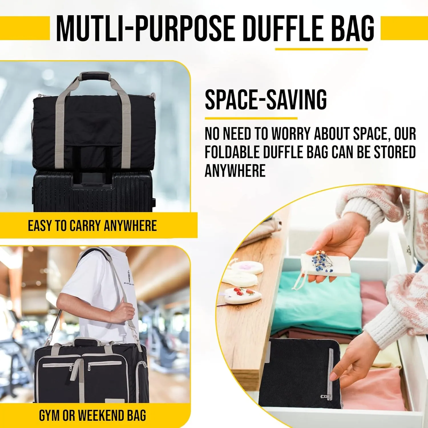LEGEND 80L Foldable Duffle Bag for Travel - Packable Duffle Bags w/Shoe Compartment - Tear Resistant Collapsible Duffel Bags for Traveling - Lightweight Folding Duffel Bag for Men & Women -Black